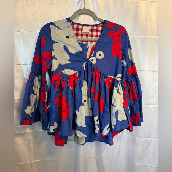 Nicobar Elegant Blue Ruffle Floral V-Neck Blouse Size Small - Picture 7 of 8